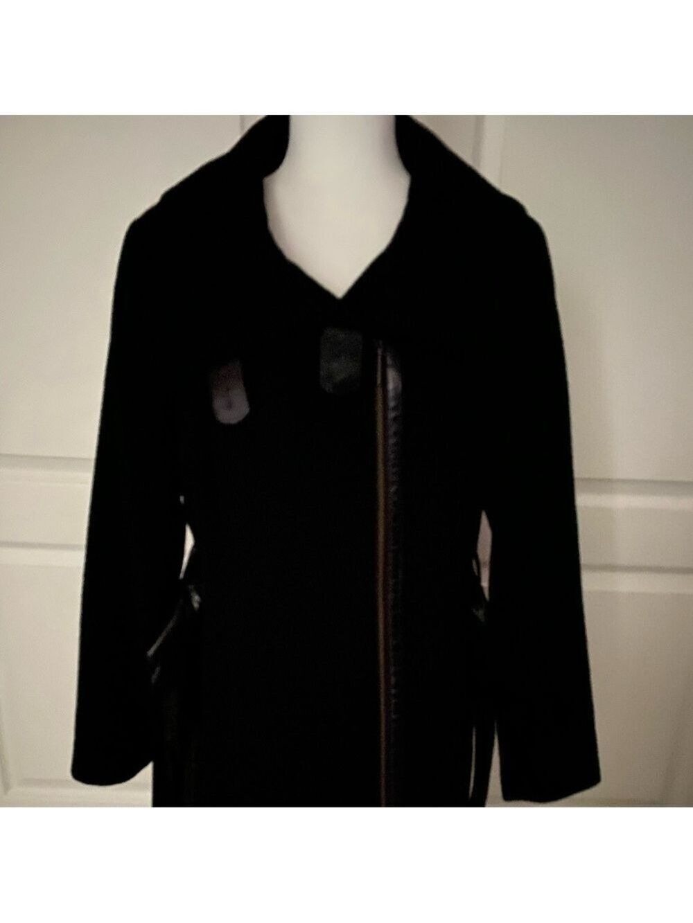 Jessie G Black Wool Coat with Faux Leather Belt & Trim/Women’s Size L - Picture 9 of 13